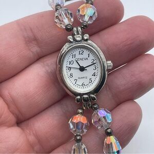 Geneva Silver-Tone Bead Bracelet Watch with Iridescent Faceted Beads Estate Find